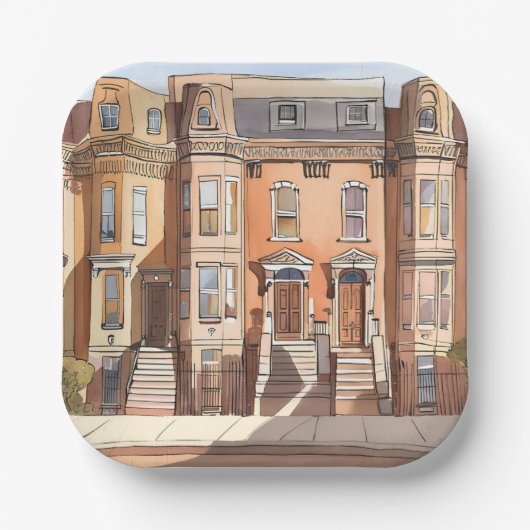 Sketched Brownstones | Boston Street Painting ペーパープレート (正面)