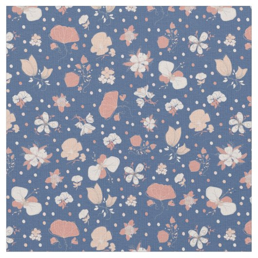 Sketched Flowers on Blue ファブリック (クローズアップ)