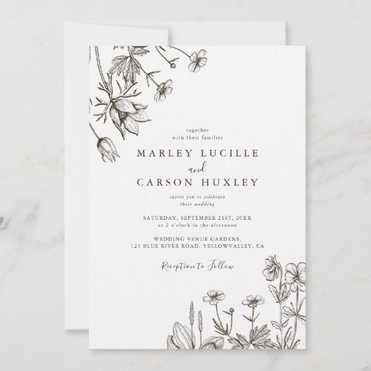 Sketched Hand Drawn Wildflower Wedding 招待状 (正面)