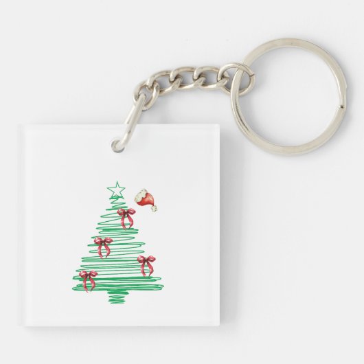 sketchy christmas tree with red bow and santa hat キーホルダー (裏面)