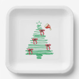 sketchy christmas tree with red bow and santa hat ペーパープレート
