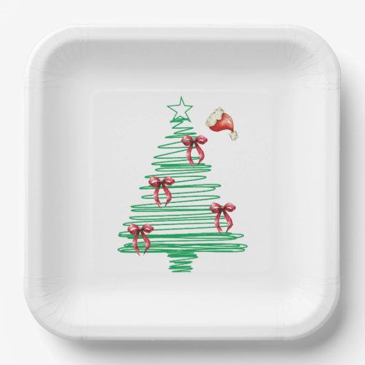 sketchy christmas tree with red bow and santa hat ペーパープレート (正面)