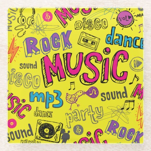 Sketchy Music Doodlesシームレスな背景 ガラスコースター (正面)