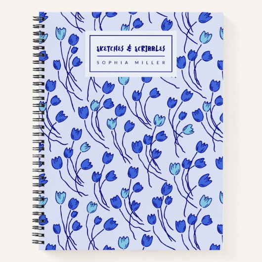 Sketchy Tulips Hand Drawn Floral | Blue Delft ノートブック (正面)