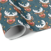 Sketchy Winking Reindeer Face Teal Pattern ラッピングペーパー (ロールコーナー)