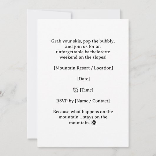 Ski Bachelorette Weekend Bride on the Slopes 招待状 (裏面)