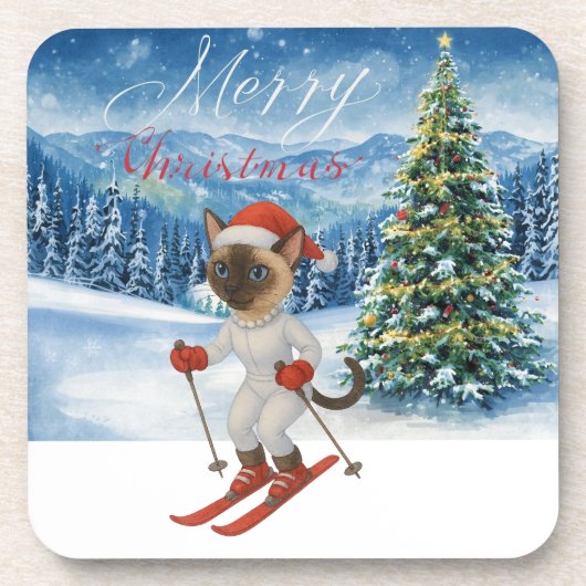 Ski Christmas for Santa Siamese Cat Lovers Snowy  コースター (正面)