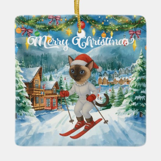 Ski Christmas for Santa Siamese Cat Lovers Snowy  セラミックオーナメント (正面)