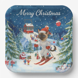 Ski Christmas for Santa Siamese Cat Lovers Snowy  ペーパープレート