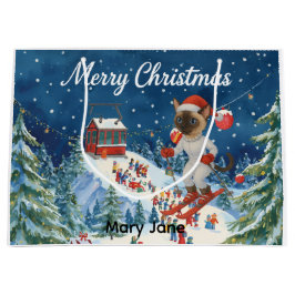 Ski Christmas for Santa Siamese Cat Lovers Snowy  ラージペーパーバッグ