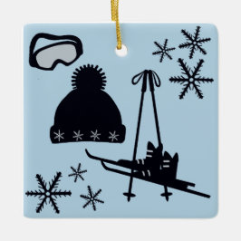 Ski equipment & snowflakes セラミックオーナメント