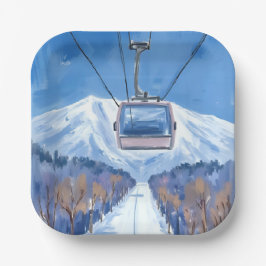 Ski Gondola Snow Mountain Watercolor ペーパープレート