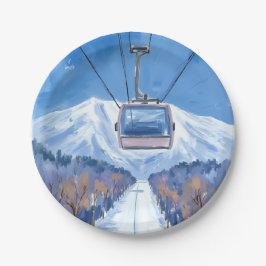Ski Gondola Snow Mountain Watercolor ペーパープレート