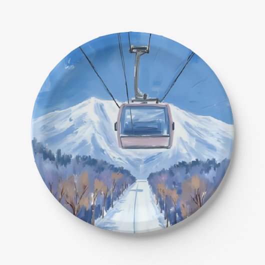 Ski Gondola Snow Mountain Watercolor ペーパープレート (正面)
