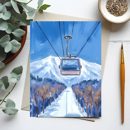 Ski Gondola Snow Mountain Watercolor ポストカード