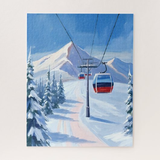 Ski Lift | Snow Mountain Gondola Watercolor ジグソーパズル (縦)