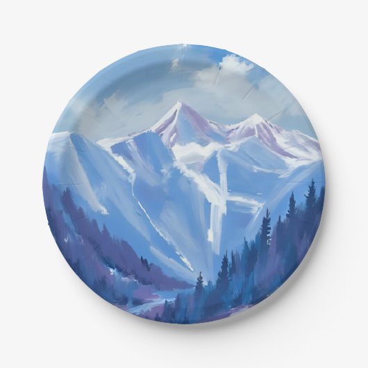 Ski Mountain | Blue Watercolor Mountain Range ペーパープレート (正面)