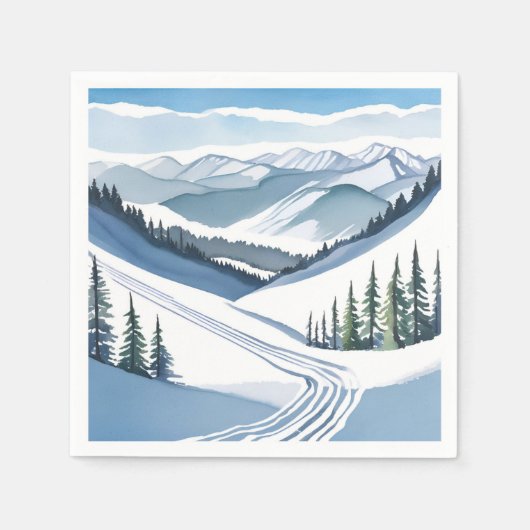 Ski Mountain Watercolor スタンダードカクテルナプキン (正面)