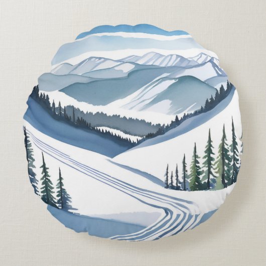 Ski Mountain Watercolor ラウンドクッション (正面)