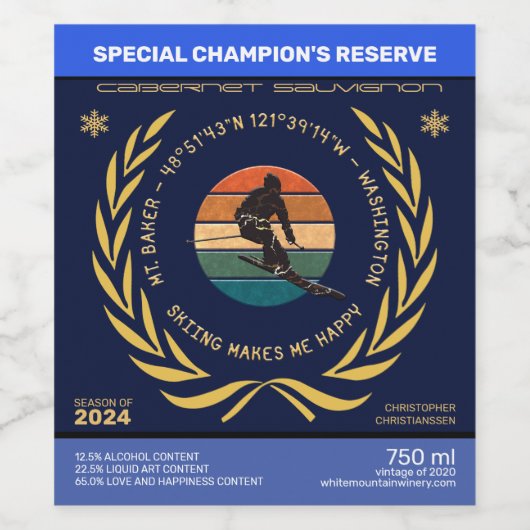 Ski Mt. Baker, Washington - Man Skier, Yellow文字 ワインラベル (シングルラベル)
