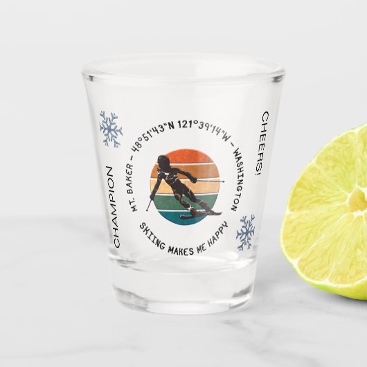 Ski Mt. Baker, Washington - Woman Skier Black文字 ショットグラス (正面)