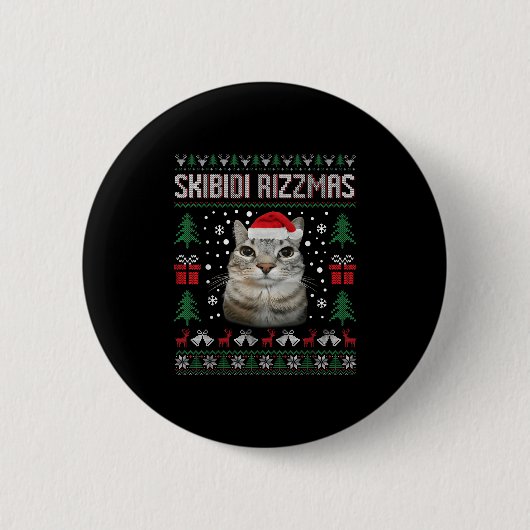 Skibidi Rizzmas Funny Silly Staring Cat Ugly Sweat 缶バッジ (正面)