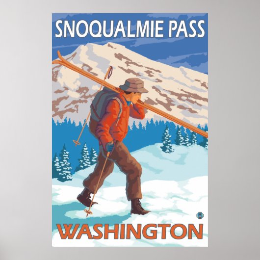 Skier Carrying Snow Skis - Snoqualmie Pass, WA ポスター (正面)