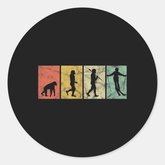 Skier Evolution Of Man Skiing Ski Funny Retro Vint ラウンドシール (正面)