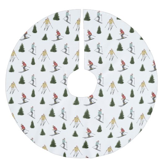 Skier Women And Fir Trees Winter Christmas ブラッシュドポリエステルツリースカート (正面)