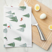 Skiers Downhill Skiing Illustration  キッチンタオル (四つ折り)