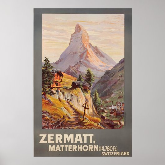 Skiing Alps Zermatt Switzerland Vintage Travel ポスター (正面)