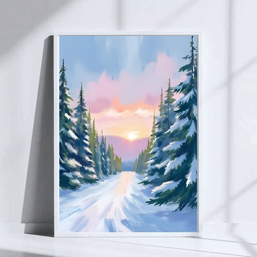 Skiing at Sunset | Winter Mountain Ski Painting ポスター