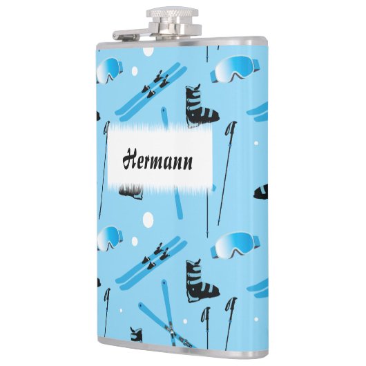Skiing Equipment Pattern Blue Personalised フラスク (左)