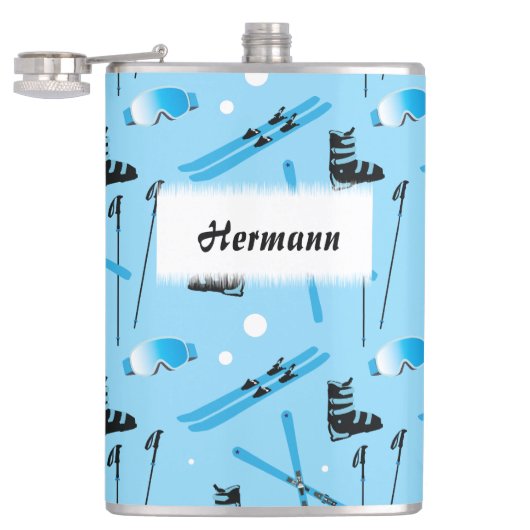 Skiing Equipment Pattern Blue Personalised フラスク (オープン)