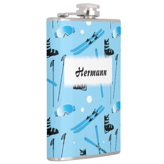 Skiing Equipment Pattern Blue Personalised フラスク (右)