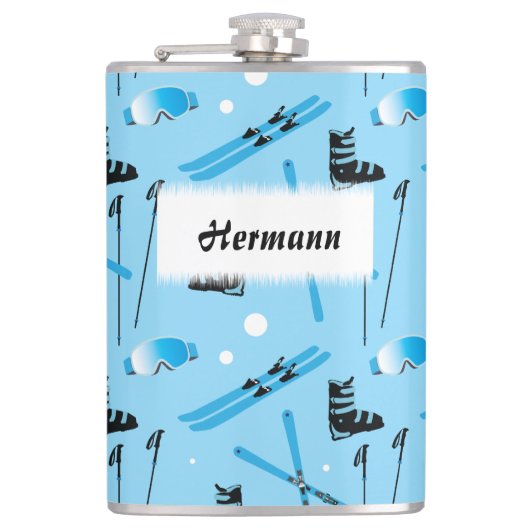 Skiing Equipment Pattern Blue Personalised フラスク (正面)