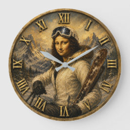 Skiing Funny Mona Lisa Skier Gift ラージ壁時計