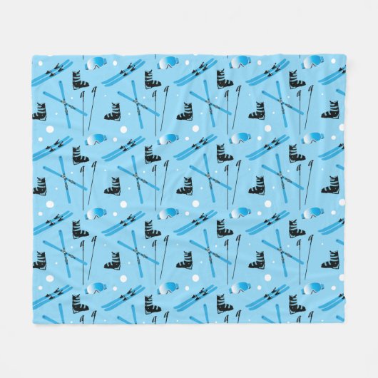 Skiing Skis Boots Poles and Goggles Fun Blue フリースブランケット (正面(横))