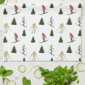 Skiing Watercolor Winter Sports Christmas Pattern キッチンタオル (折り畳み)