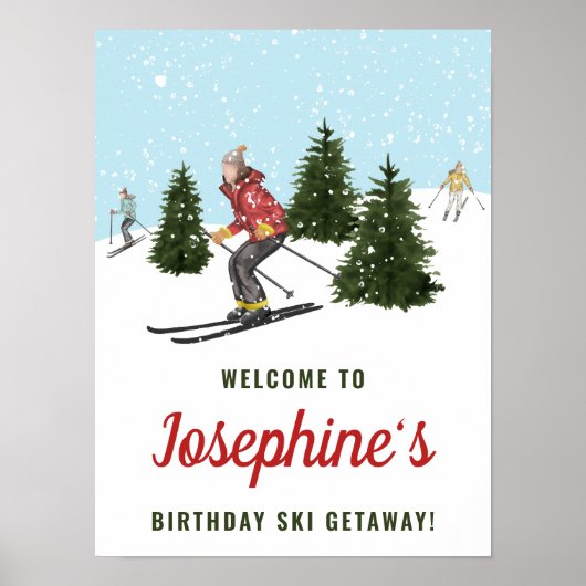 Skiing Women Ski Trip Birthday Party Welcome ポスター (正面)