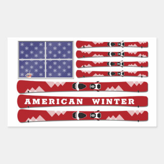 Skis and Snowflakes USA冬用国旗 長方形シール