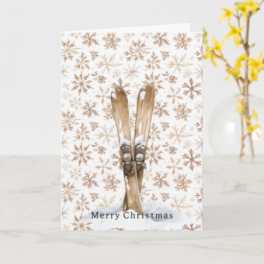 Skis Cream White Snowflakes Christmas   カード (黄色い花)