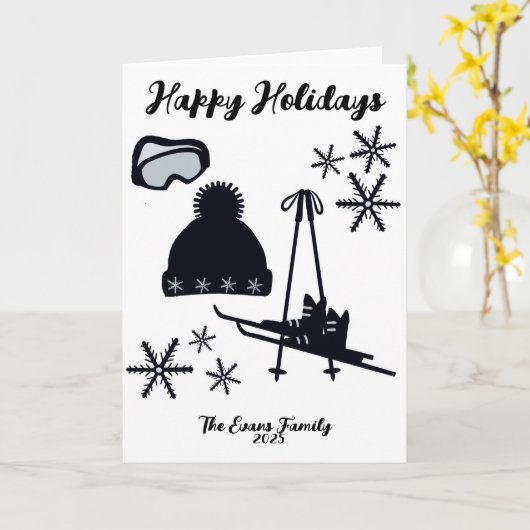 Skis, hat, boots & goggles Christmas カード (黄色い花)