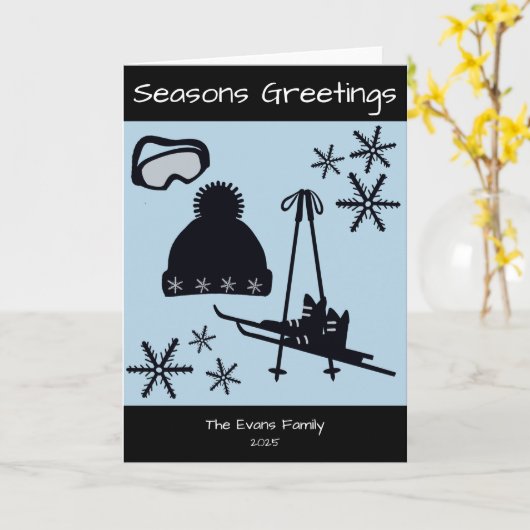 Skis, hat, goggles & snowflakes holiday カード (黄色い花)