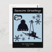 Skis, hat, goggles & snowflakes holiday ポストカード (正面/裏面)