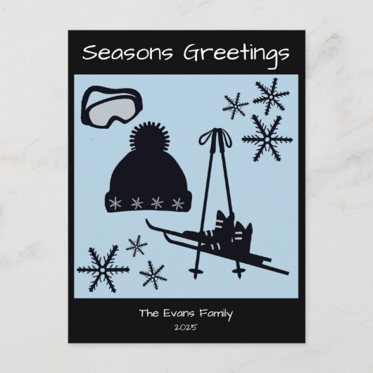 Skis, hat, goggles & snowflakes holiday ポストカード (正面)