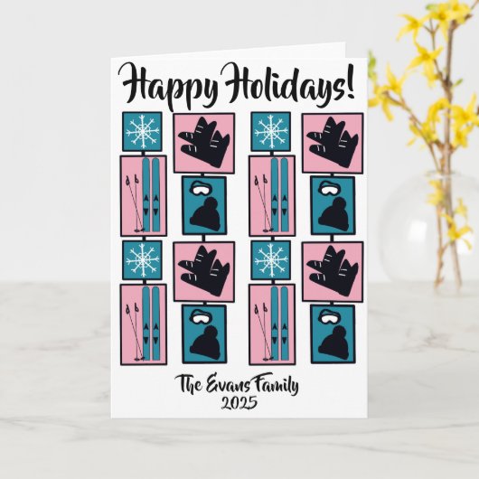 Skis & snowflakes on holiday カード (黄色い花)