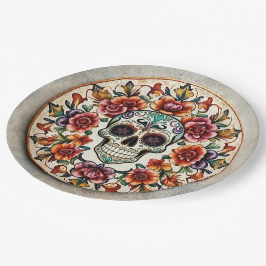 💀🎉: Skulflower Radiance Doom Dia de los Muertos ペーパープレート (アングル)