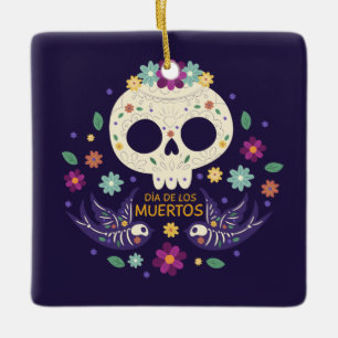 Skullカラフルな花のDia de Muertos  のオーナメント セラミックオーナメント