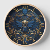 #Skullヴィンテージ装飾美術と青と金ゴールド 壁時計 (正面)